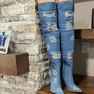 Barlan thigh-high blue distressed denim boots rhinestone lips. NIB size 7.5